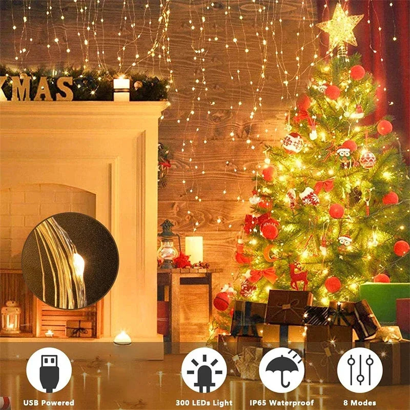 3M LED Curtain String Lights Fairy Decoration USB Holiday Garland Lamp 8 Mode for Home Garden Christmas Party New Year Wedding